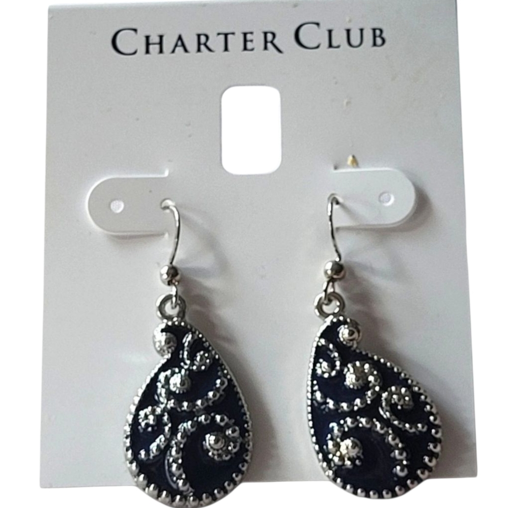 Charter Club Black & Silver-Tone Granulated Teardrop Dangle Earrings New NWT